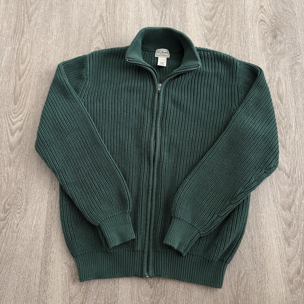 LL Bean Cotton Full Zip Sweater Cardigan Green Ribbed Knit Mock Neck Mens L Reg - Picture 10 of 16